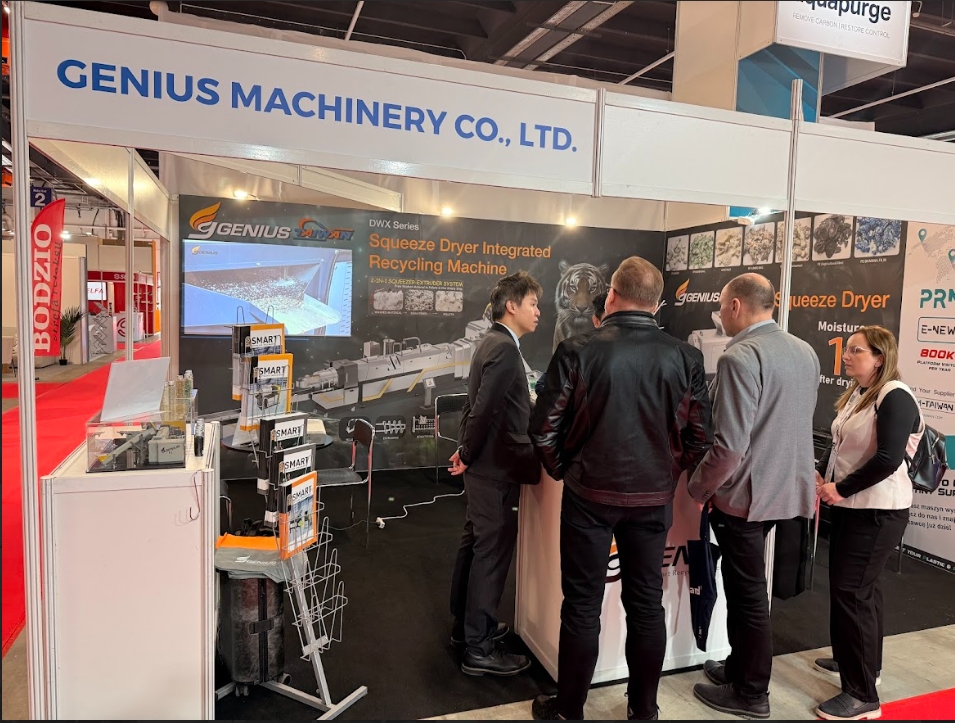 Genius Machinery at PLASPOL 2026 — the DWX Series Squeeze Dryer Integrated Recycling Machine drawing attention from recycling operators across Europe.